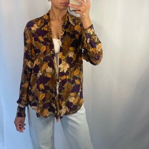 Vintage autumn leaves silk button down blouse